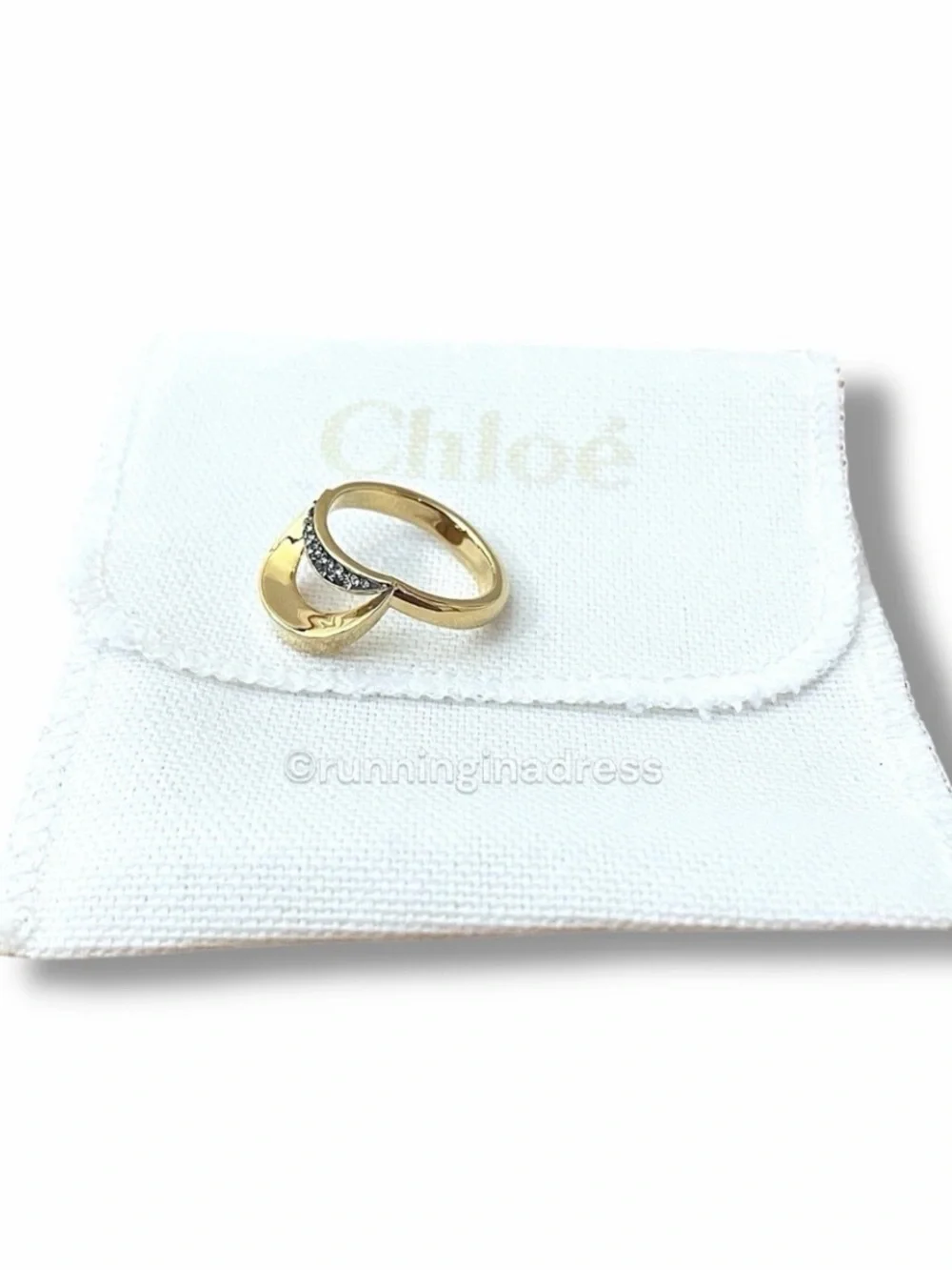 Chloé Crescent Pave Crystal Ring Gold Tone Statement EU 54 US 7 Full Set Box Bag